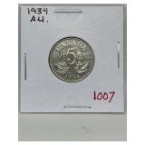 1934 Cdn Silver 5 Cents - Au