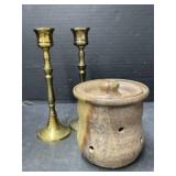 Pottery Garlic Jar, Brass Candlesticks