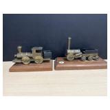 2 Brass Trains Mounted on Wood