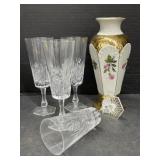 4 Champagne Glasses, Porcelain Vase