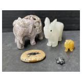 Carved Stone Elephants, Turtle, Donkey and Owl