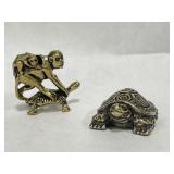 Miniature Brass Statues - Turtle & Monkey Riding