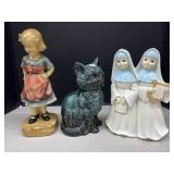 Vintage Chalkware Girl, Musical Nuns, Cat Figure