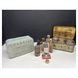 Antique Tins with Small Bottles and Spice Tins