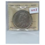 1936 Cdn Silver $1-iccs-au55