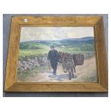 Framed Painting on board - Man & Donkey