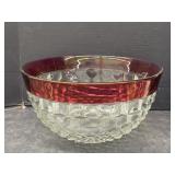 Large Glass Punch Bowl with Ruby Red Rim