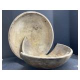 Large Antique Wooden Bowls - 1 is split in half