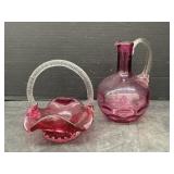 Cranberry Art Glass Dish & Pitcher