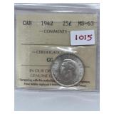 1942 Cdn Silver 25 Cent-v-iccs- Ms63