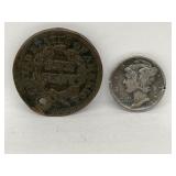 1847 U S A Penny + 1928 U S A Dime