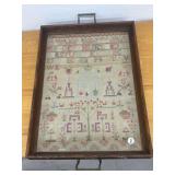 Antique Needlepoint Sampler Framed in Glass Tray