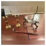Pair of brass candlesticks, sniffer and brass reindeer pedestal with glass bowl