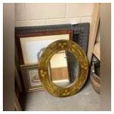 Framed prints, decorated oval mirror