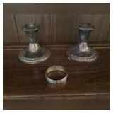 Pair weighted silver plate candlesticks, Sterling silver napkin ring