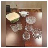 Zak plastic bowl, 3 acrylic candle holders, acrylic bowl and butterfly dish, plastic gravy dish