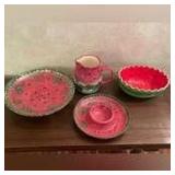 3 signed Vicky Wesley watermelon pieces, 1 watermelon bowl