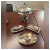 Silverplate chafing dish, 2 butter dishes, gravy dish
