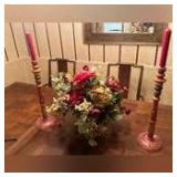 Large floral arrangement and (2) 22” tall candle sticks