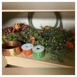 Wreaths, ribbons, small copper planter
