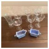 4 etched wine glasses, 2 stemmed glasses, etched water glass, pottery creamer and sugar marked USA 893 amd 894