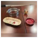 Hand painted oval dish, turkey salt, casserole holder, Reed and Barton enameled bowl