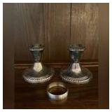 Sterling napkin ring, pair of silverplate candle sticks