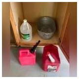 2 gas cans, galvanized tub, misc chemicals