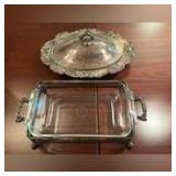 Silverplate ornate oval casserole dish, silverplate rectangular casserole dish