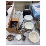Gorham sterling salt shaker, 4 Hall bowls, 3 Oneida bowls, toaster, glasses, flatware