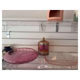 Carnival covered jar, 2 pink dishes