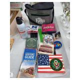 Ellis park cooler, coasters, Griese plates, cleaning duster, vintage newspapers, Princess Diana Newsweek, Paul Horning auto. picture, plaques