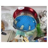 Pot, bundt pan, tins, cruet, vase, bowl, plates, utensils