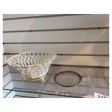 Sterling rimmed etched dish, porcelain footed bowl, 2 candle stick wax collectors