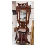 Antique walnut halltree w/ marble shelf & umbrella holders