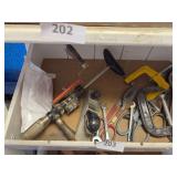 Drill, tin snips, block plane, clamps