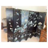 Asian 6 panel black lacquered screen w/ inlay