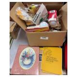Lightbulbs, vintage newspaper article, photo album