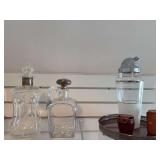 Liquor bottles, shaker , tray, leather sleeved shot glasses