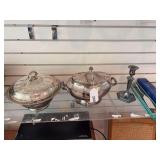 Silver plate tureens. Candle stick servers