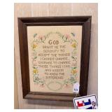 Framed needlepoint, old photograph