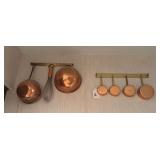 Copper measuring cups, bowl, whisk, strainer