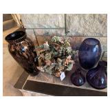 Purple glass vases, floral arrangement, large Italian art glass vase