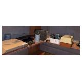 Lunch box, painting supplies, tackle box, steel wool