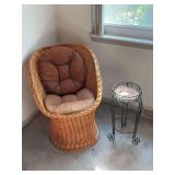 Wicker chair, metal plant stand