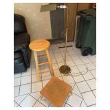 Brass floor lamp, stool, foot stool