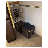 Plastic storage bins, clothes hangers