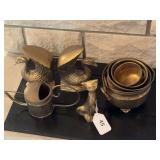 Brass swan bookends, brass cat , bowls, sprinkler