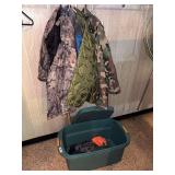 Size small hunting coats, plastic tub
