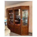 Vintage display 4 section China cabinet with 6 lower burl wood doors, 2 upper doors and 12 glass shelves. 86”w x 80”t x 18”d. Excludes all contents